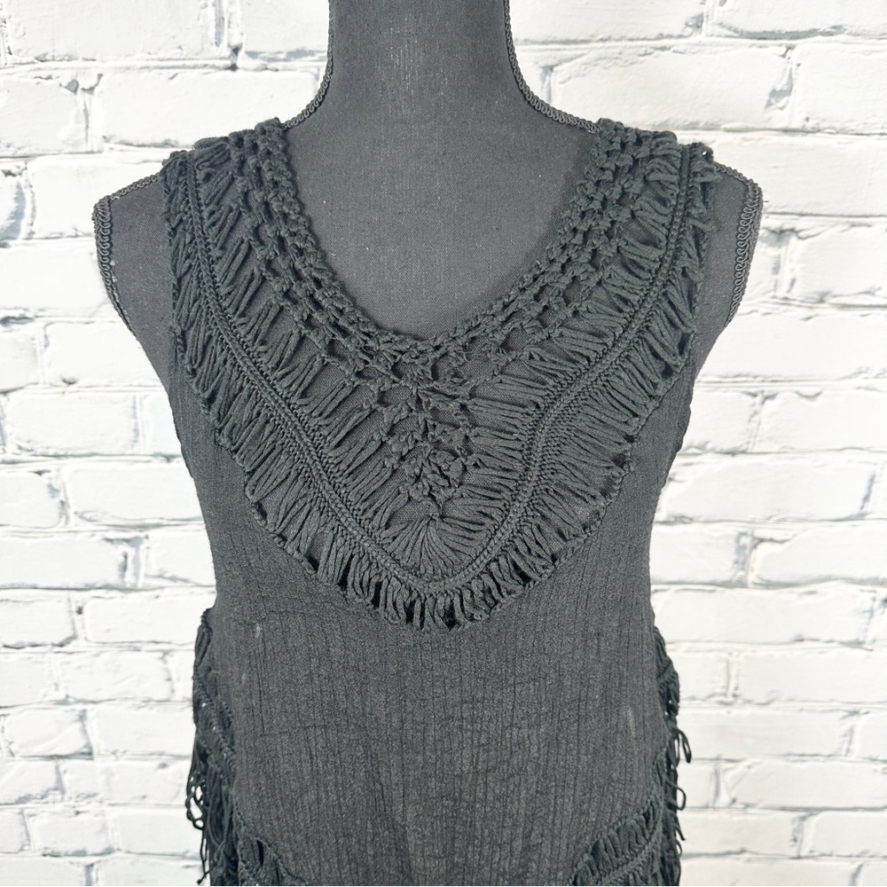 Open Crochet Knit Fringe Tank Top Cover Up Size Small Black Boho Festival Beach - Picture 5 of 9